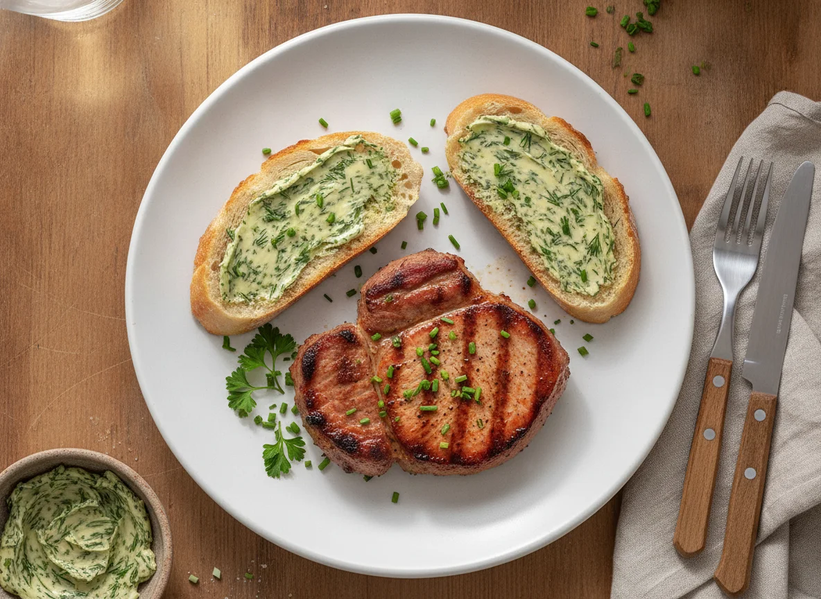 Gegrilltes Schweinenackensteak mit Kräuterbaguette photo