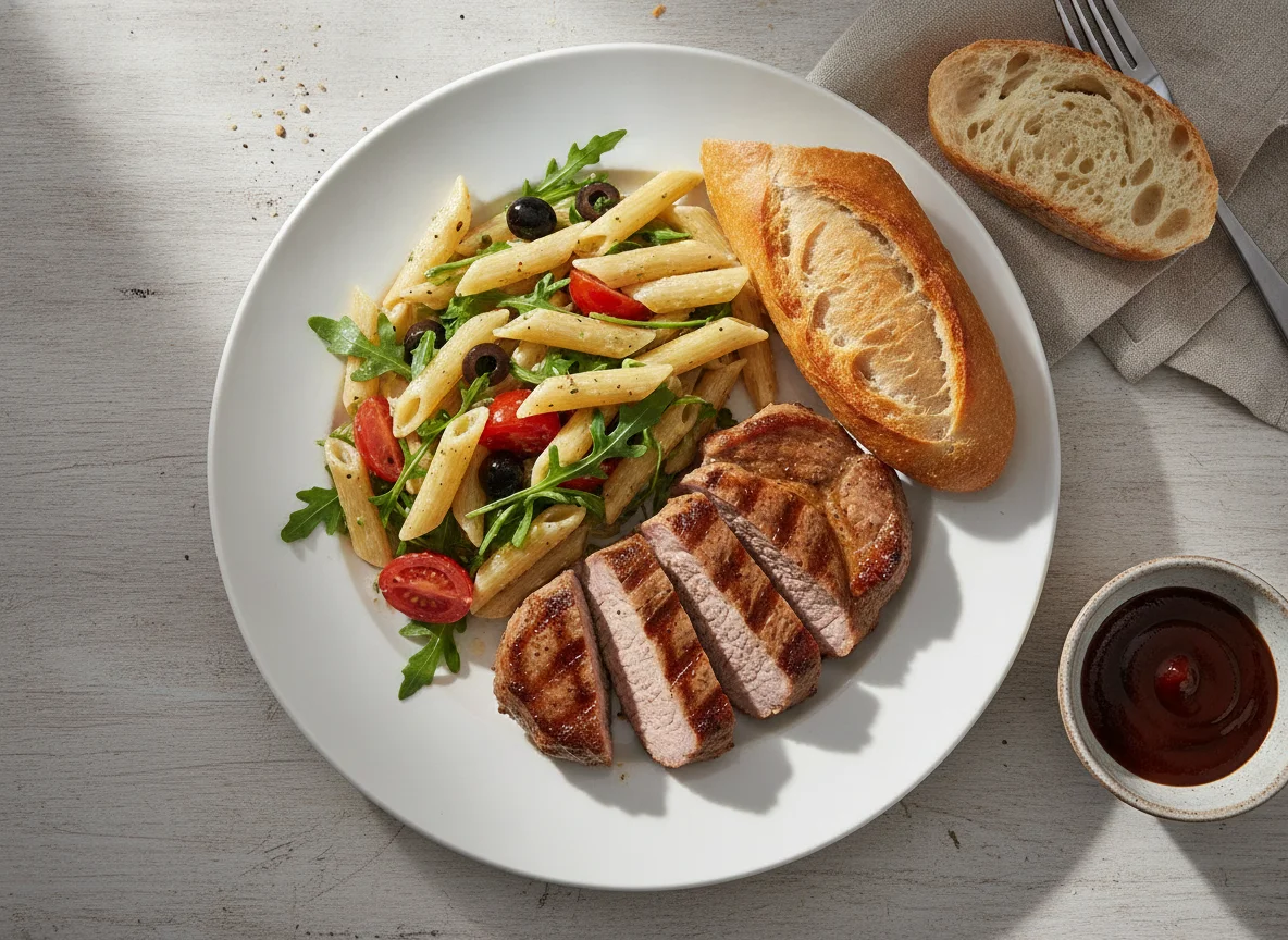 Gegrilltes Schweinenackensteak mit Nudelsalat und Baguette photo