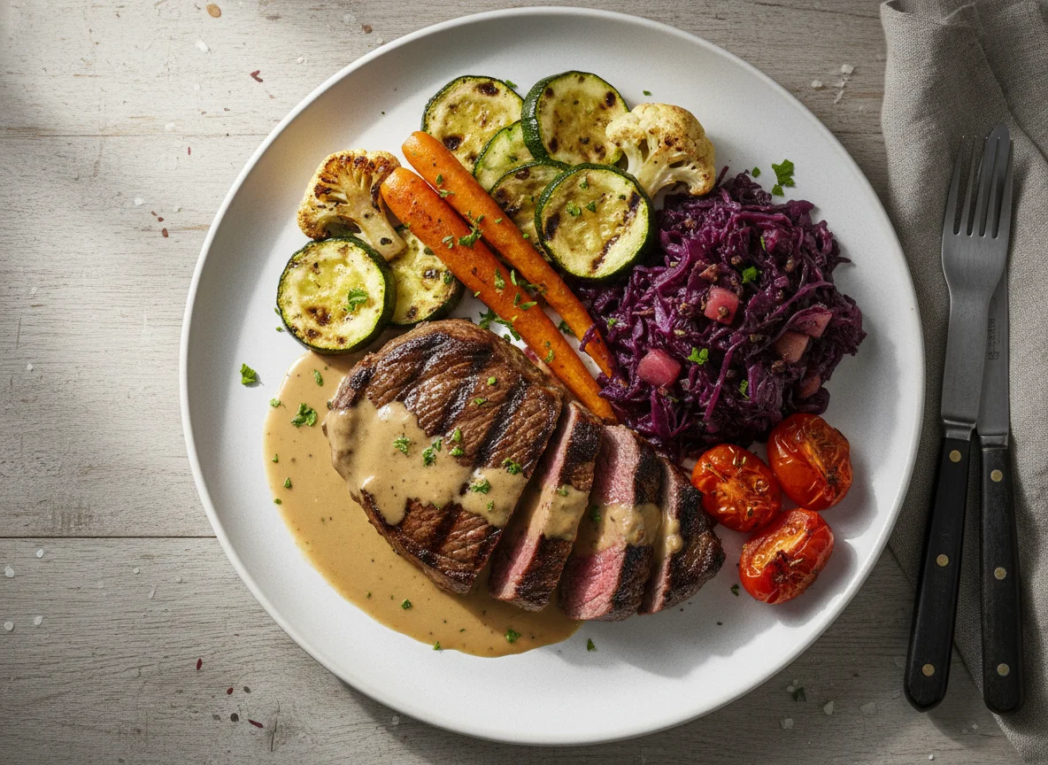 Gegrilltes Steak mit Gemüse und Rotkohl photo