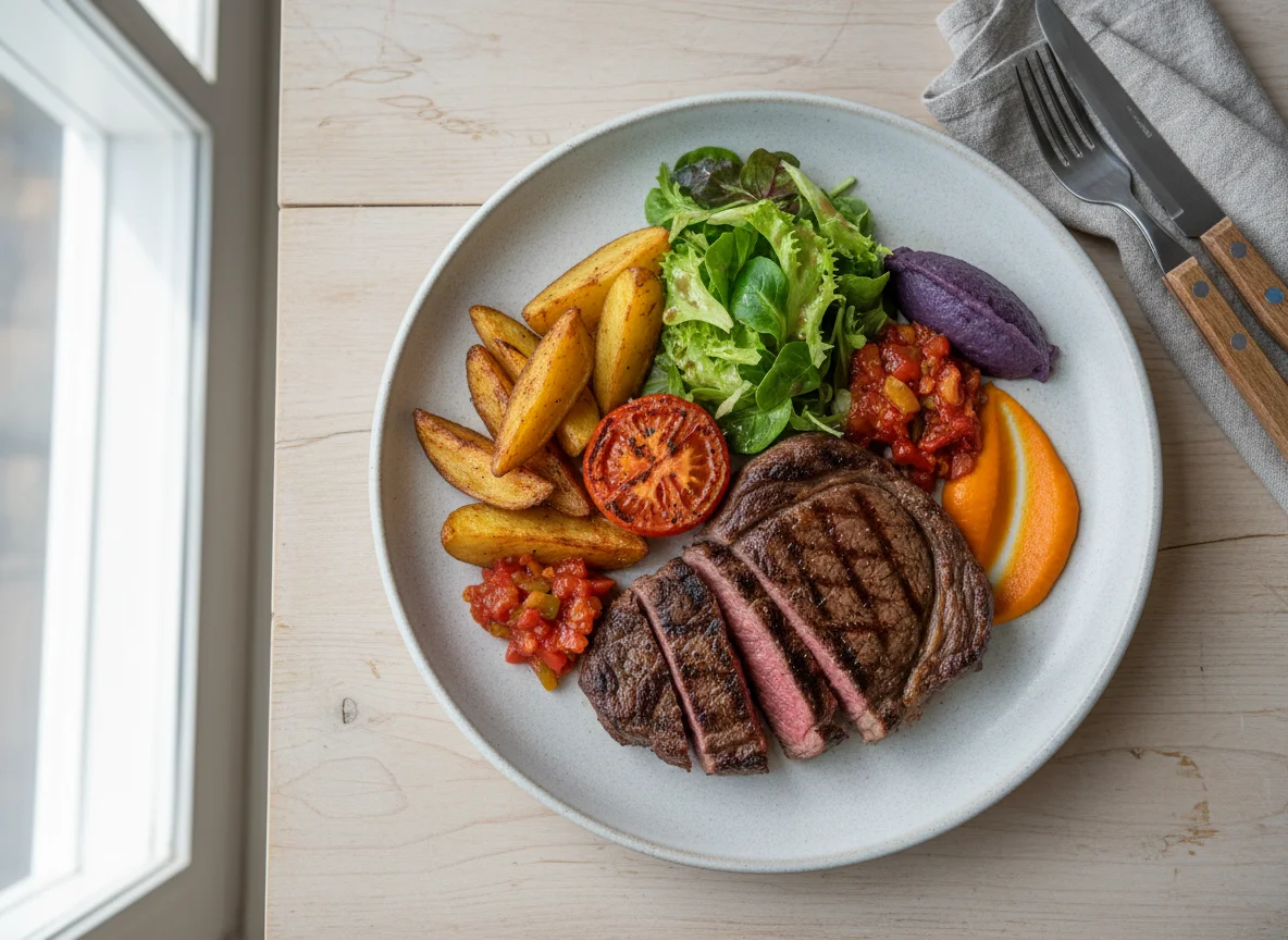 Gegrilltes Steak mit Kartoffelspalten und Beilagen photo