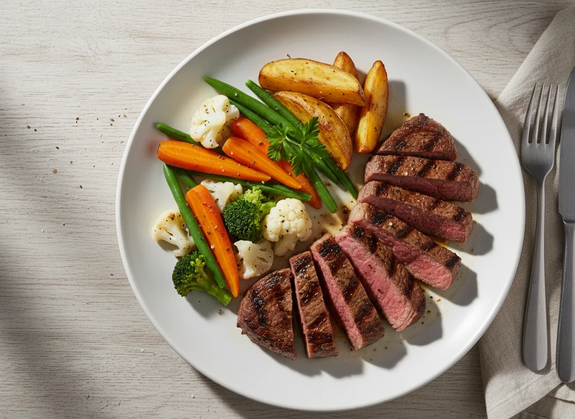 Gegrilltes Steak mit Mischgemüse und Kartoffeln photo