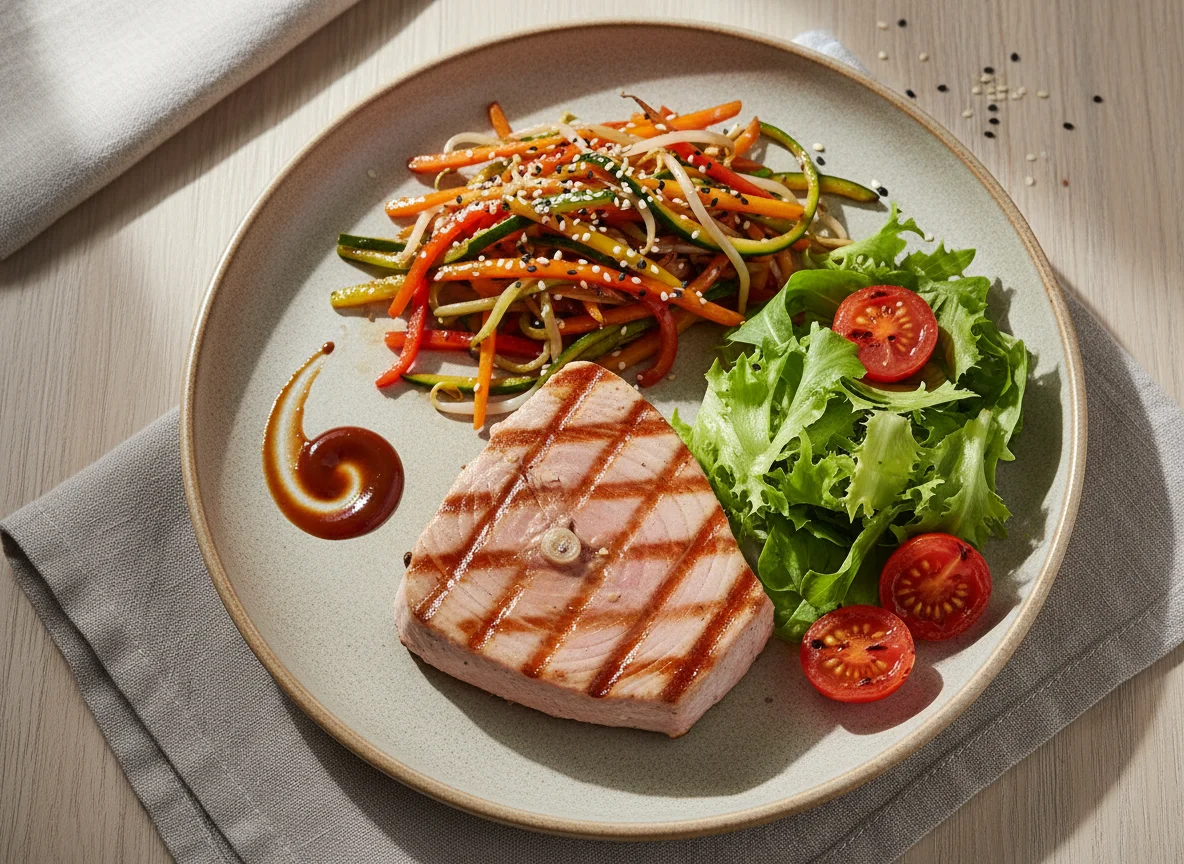Gegrilltes Thunfischsteak mit Wok-Gemüse und Salat photo