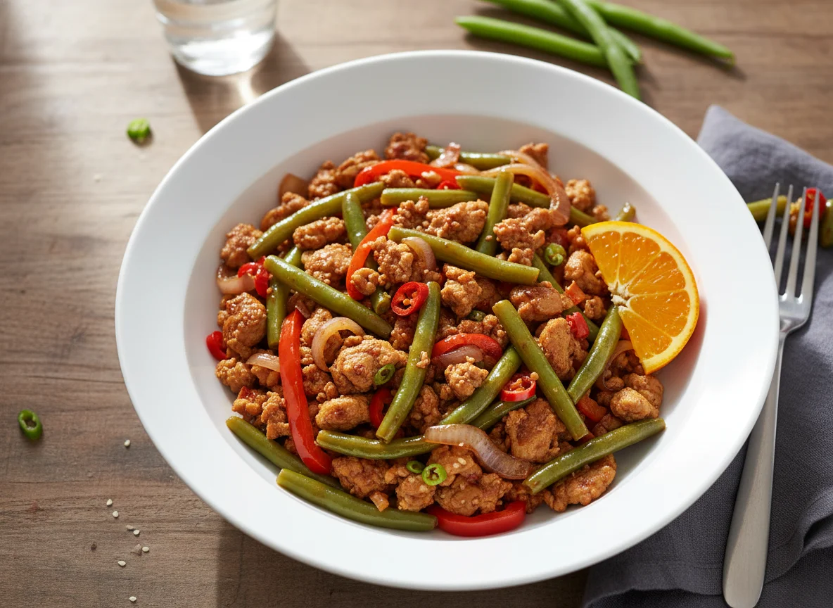 Gehacktes Hähnchen mit Gemüse und Sauce photo