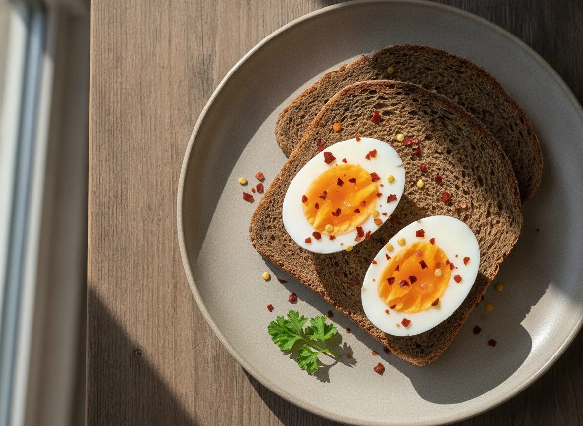 Gekochte Eier auf Pumpernickel photo