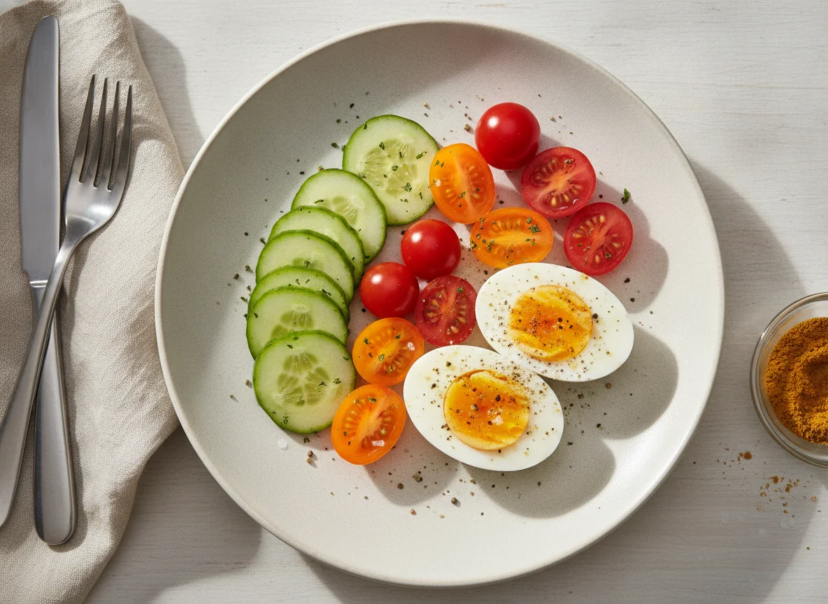 Gekochte Eier mit Gurken und Tomaten photo