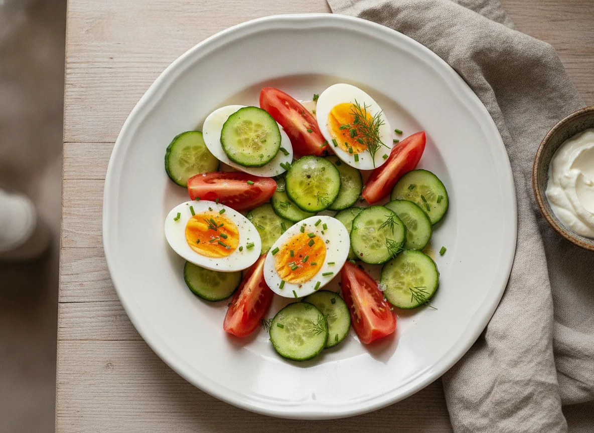 Gekochte Eier mit Tomaten und Gurken photo