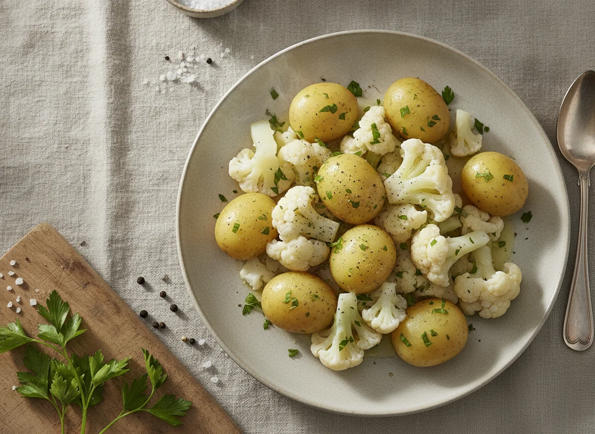 Gekochte Kartoffeln mit Blumenkohl photo