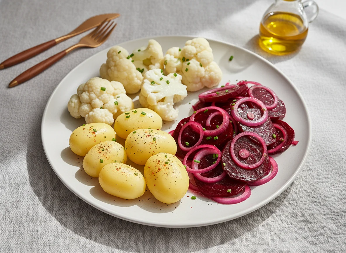 Gekochter Blumenkohl mit Kartoffeln und Rote-Bete-Salat photo