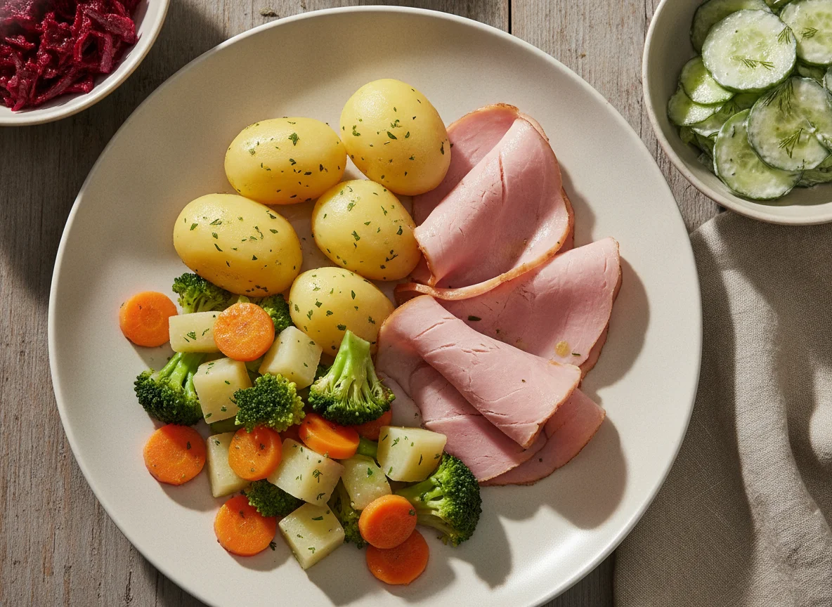 Gekochter Schinken mit Kartoffeln und Gemüse, dazu Rote Bete und Gurkensalat photo