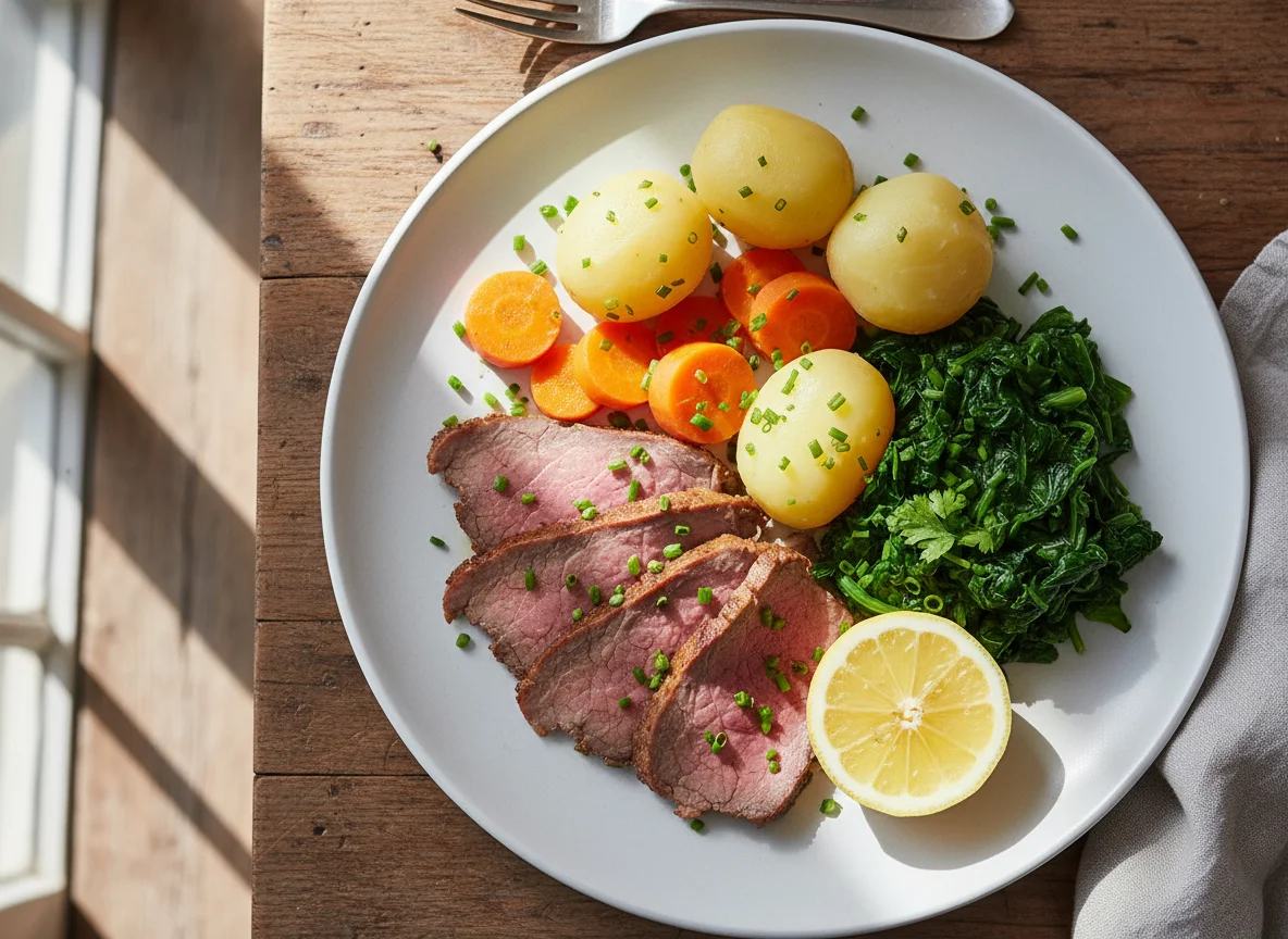 Gekochtes Fleisch mit Kartoffeln und Karotten photo