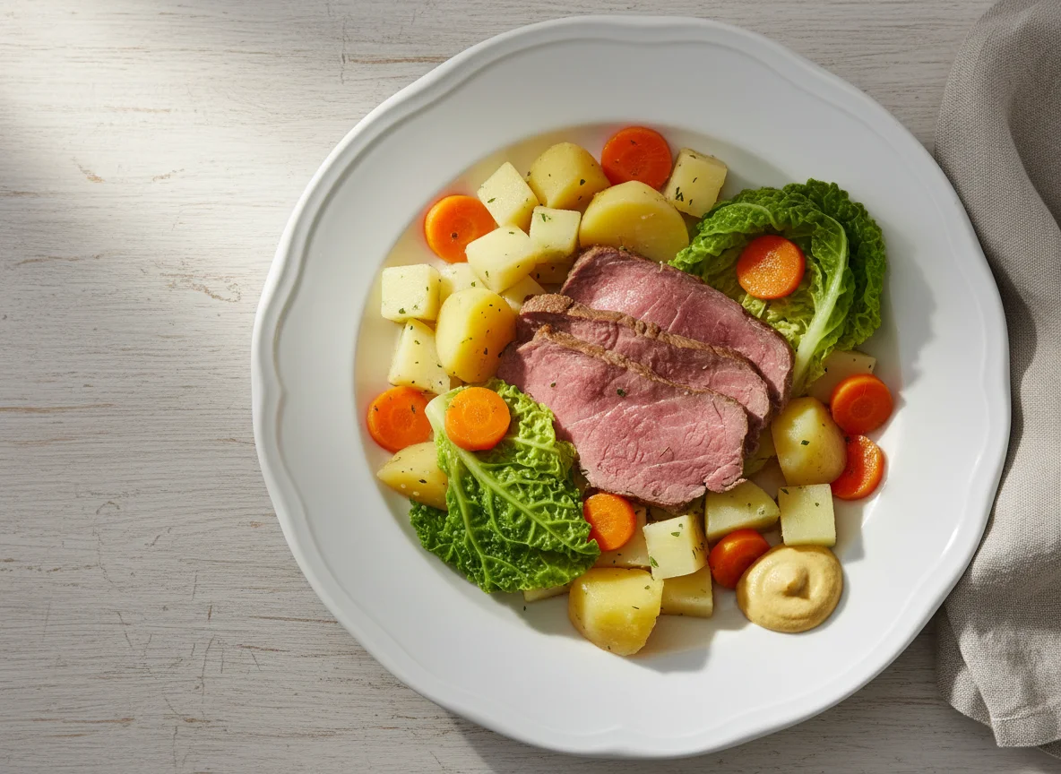 Gekochtes Rindfleisch mit Gemüse und Kartoffeln photo