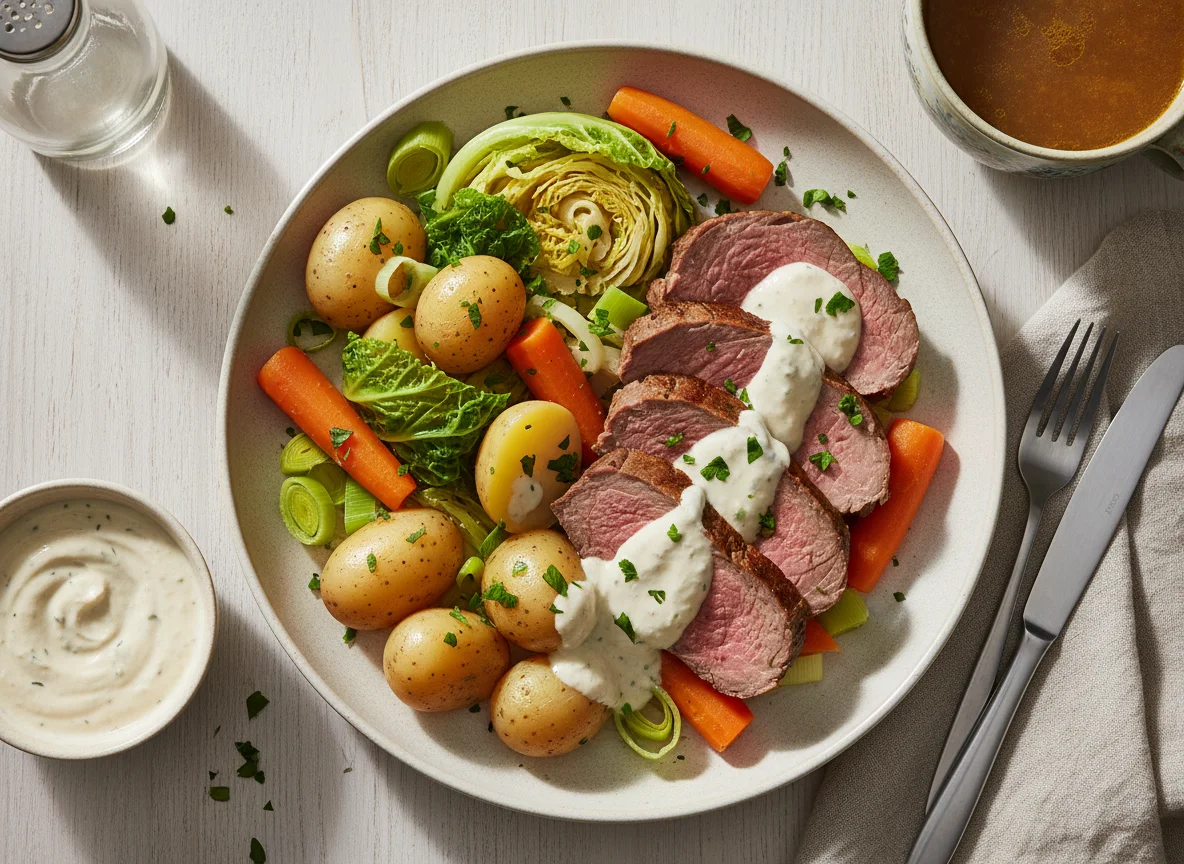 Gekochtes Rindfleisch mit Gemüse und Meerrettichsauce photo