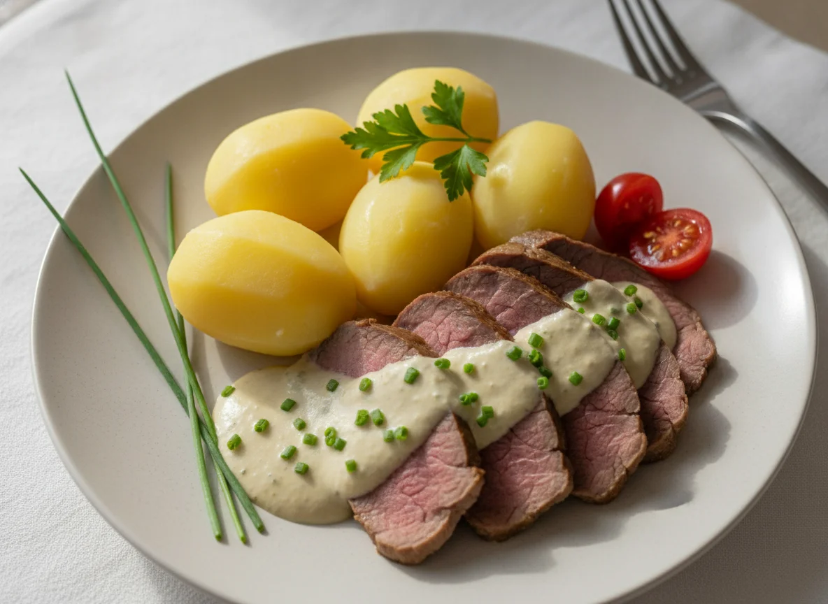 Gekochtes Rindfleisch mit Meerrettichsauce und Kartoffeln photo