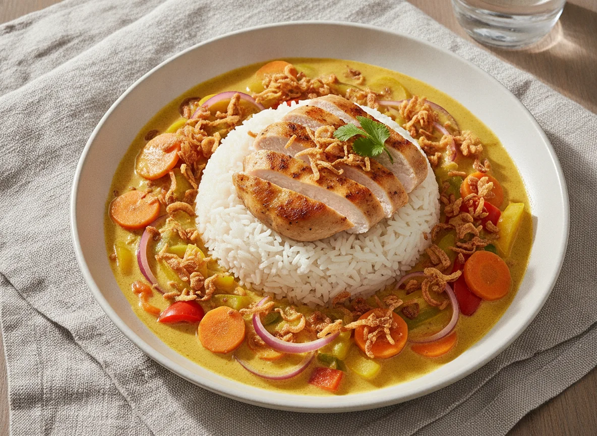 Gelbes Curry mit Hähnchen und Reis photo