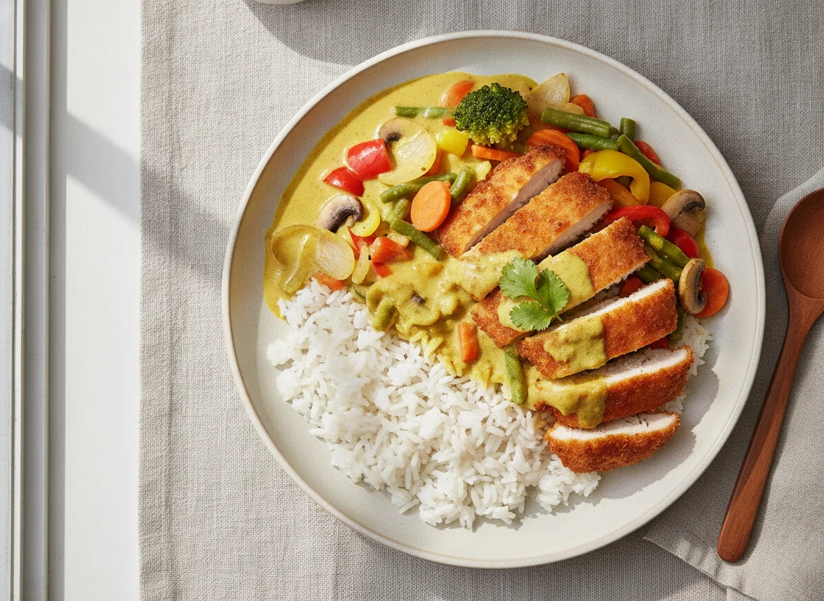 Gelbes Curry mit Reis und Gemüse photo