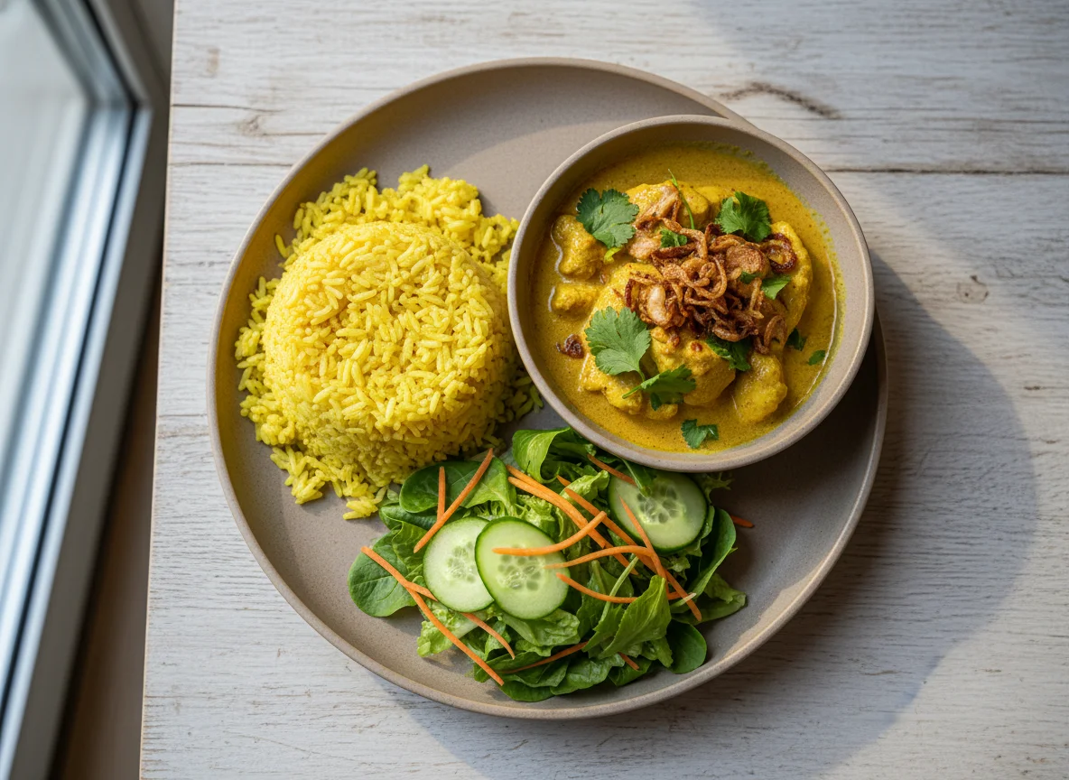 Gelbes Curry mit Reis und Salat photo