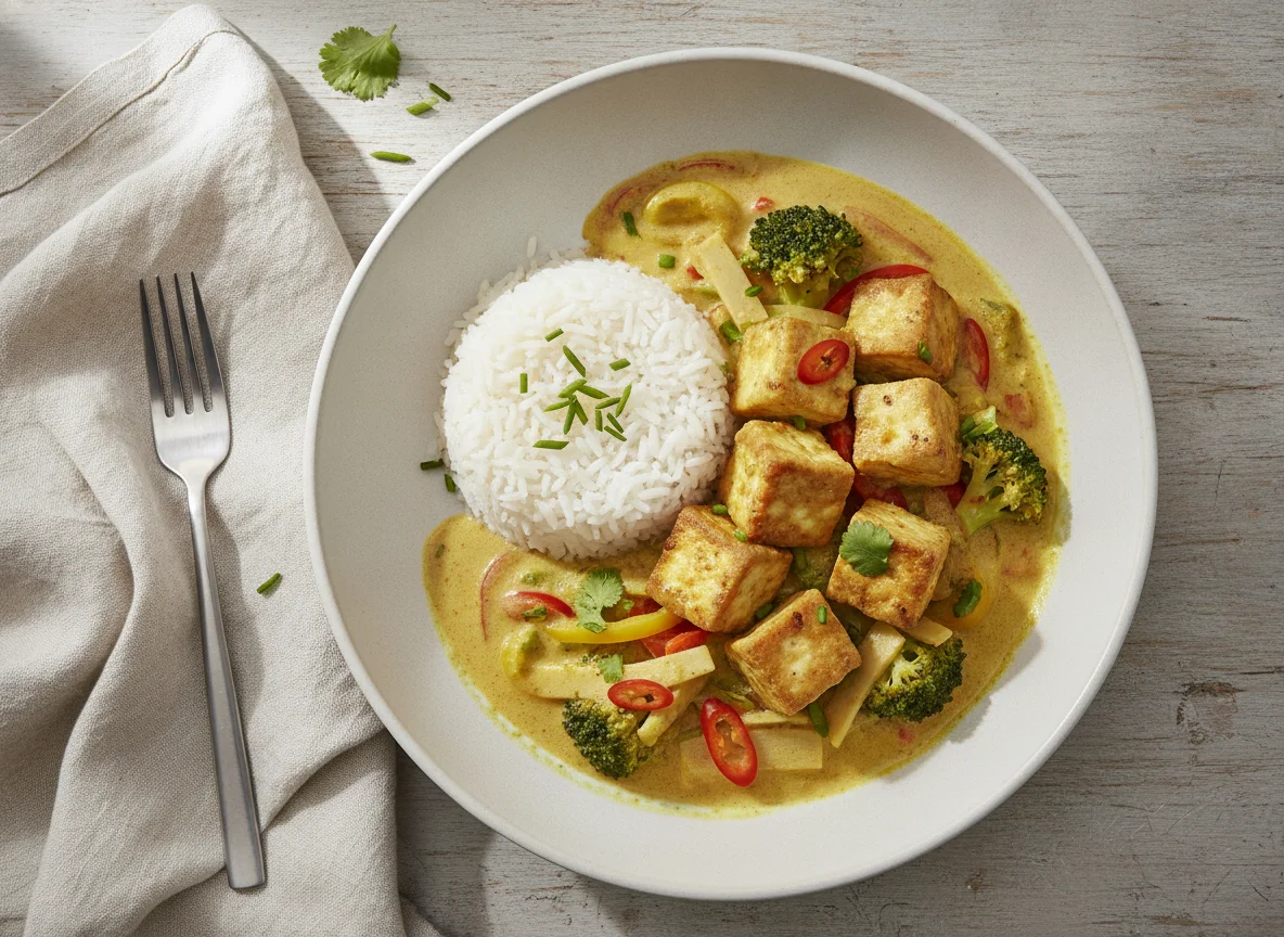Gelbes Curry mit Tofu, Gemüse und Reis photo