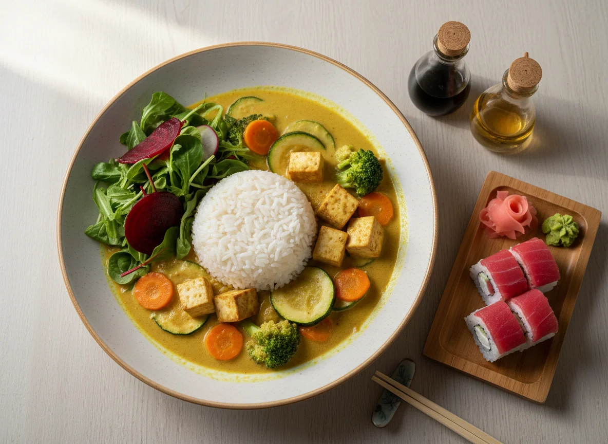 Gelbes Curry mit Tofu und Reis photo