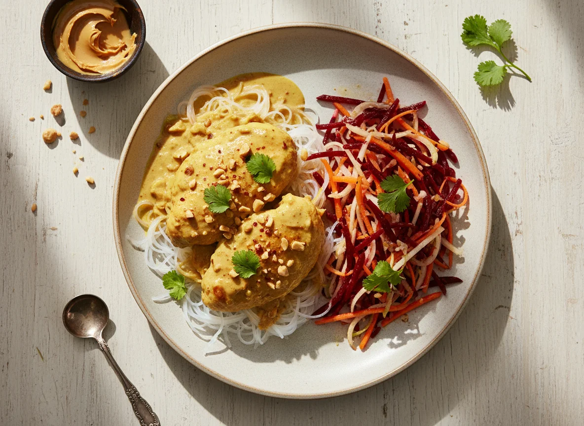 Gelbes Hähnchencurry mit Erdnussbutter auf Glasnudeln mit Karotten-Bete-Salat photo