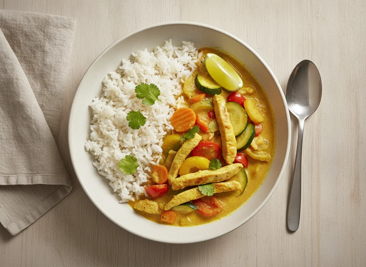 Gelbes Thai-Curry mit Hähnchen und Reis photo