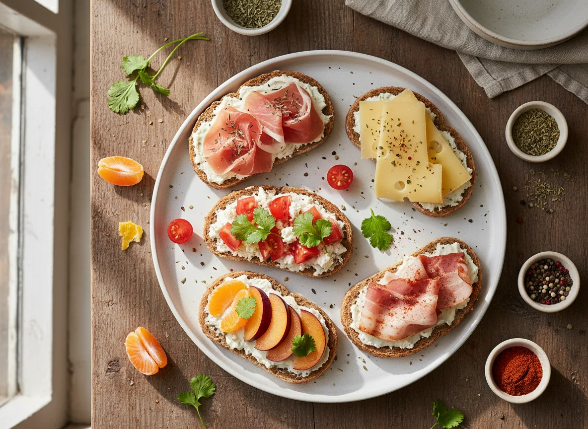 Gemischte belegte Brote mit Obst photo