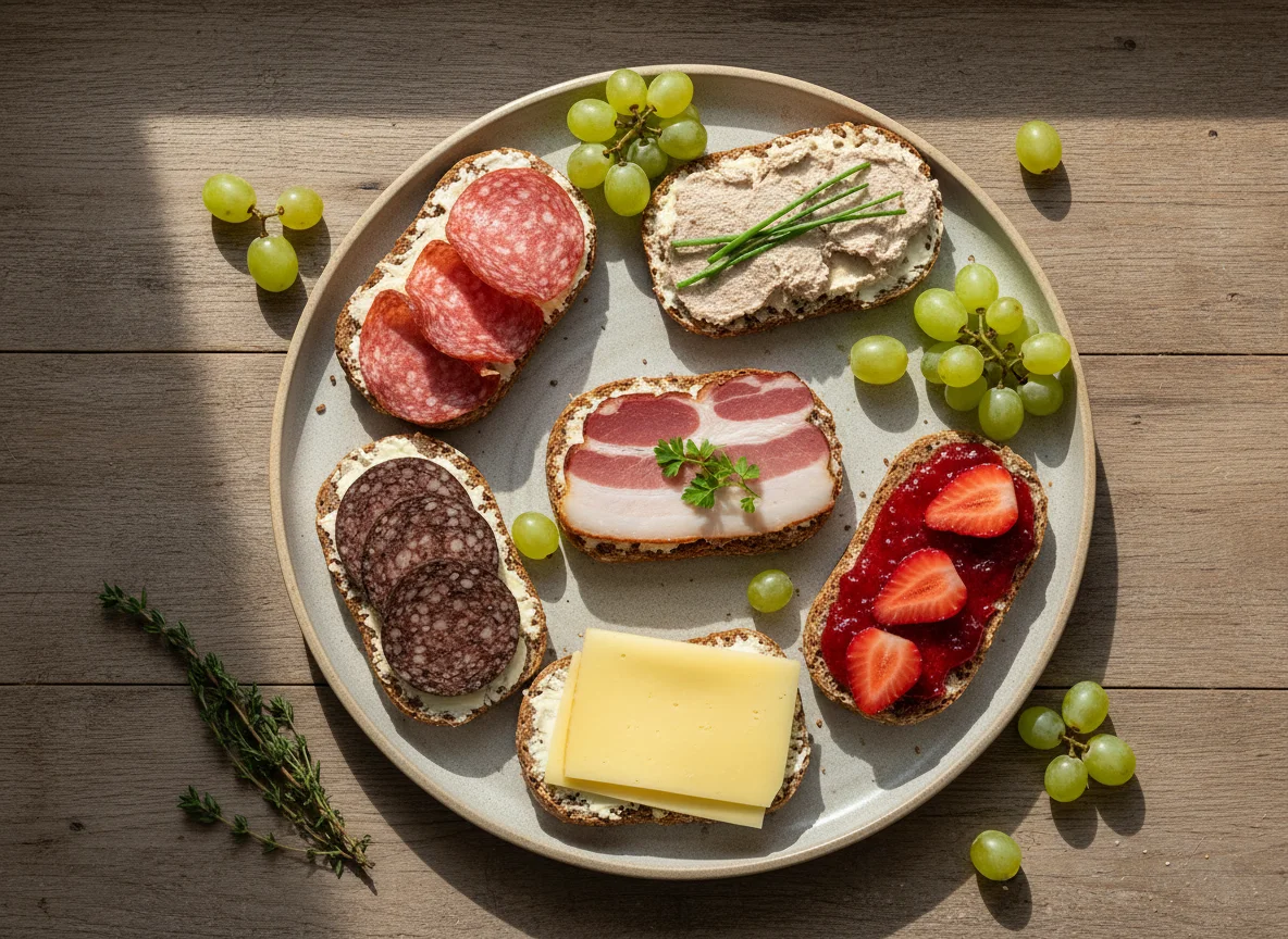 Gemischte belegte Brote mit Trauben photo