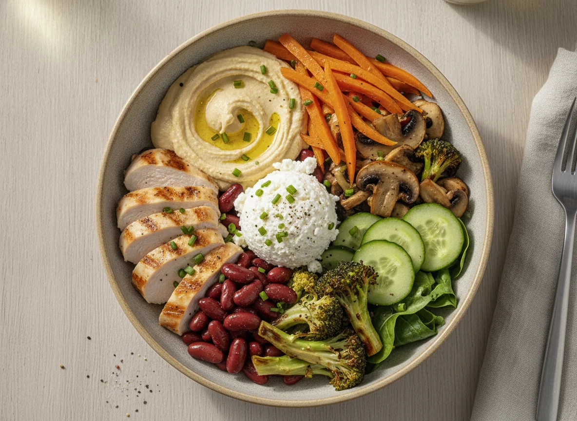 Gemischte Bowl mit Hähnchen, Hüttenkäse und Hummus photo