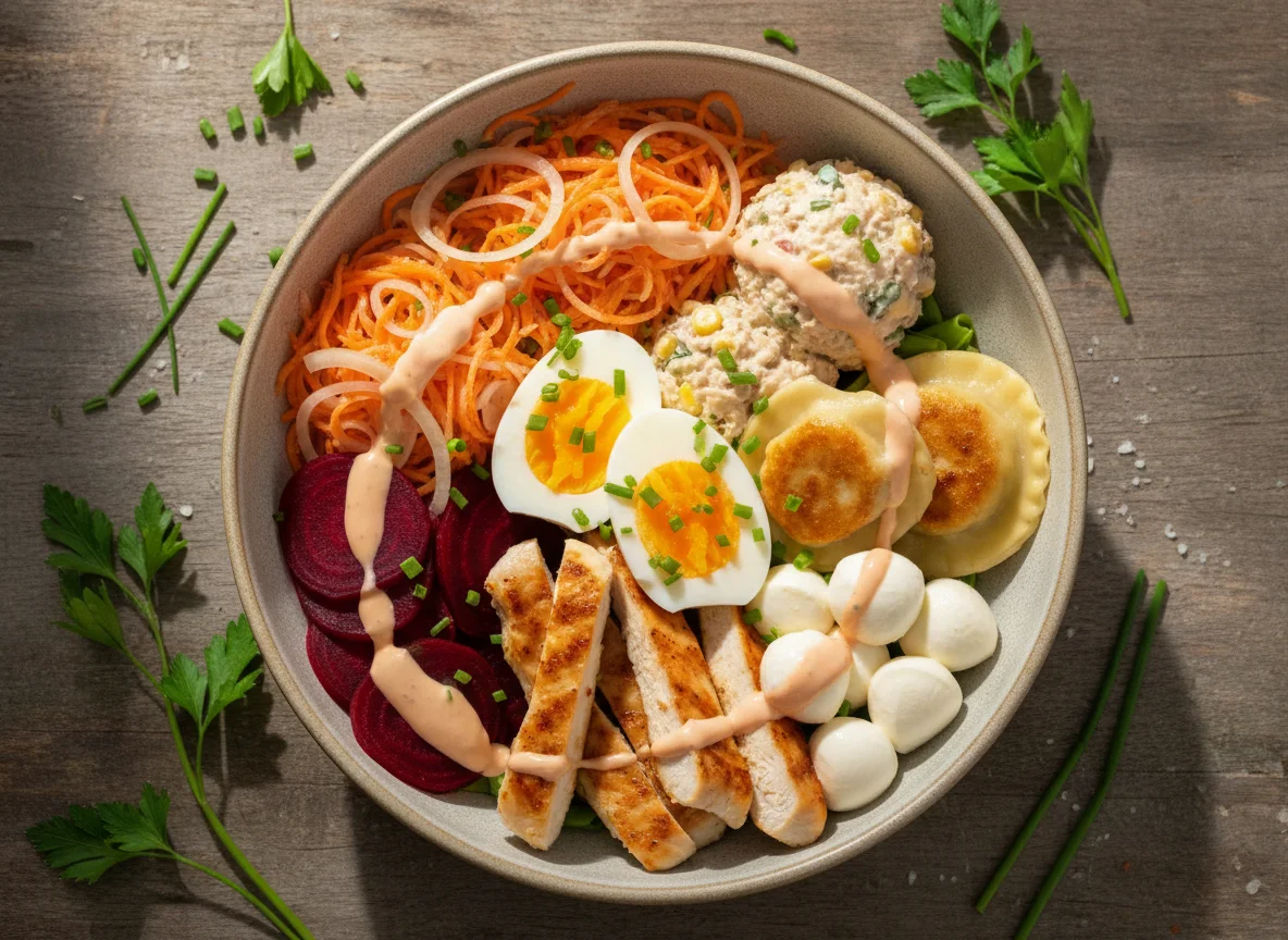 Gemischte Bowl mit Huhn und Ei photo