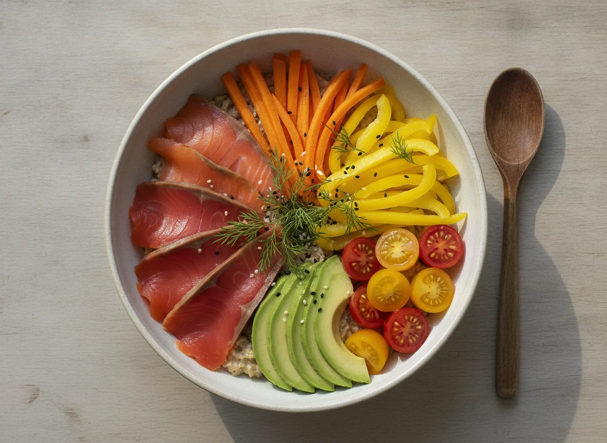 Gemischte Bowl mit Lachs und Gemüse photo