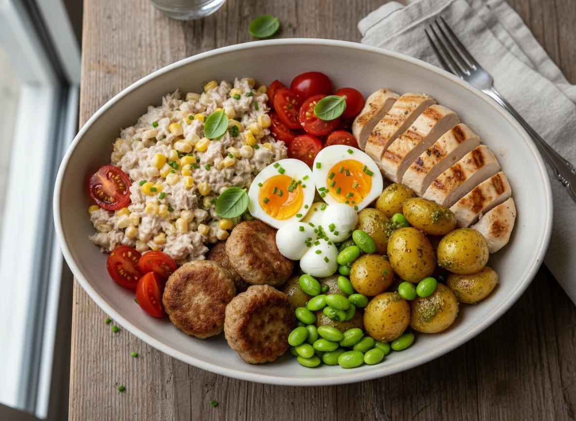 Gemischte Bowl mit Thunfisch und Fleischbällchen photo
