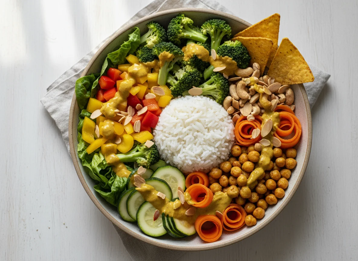 Gemischte Buddha Bowl mit Curry und Salat photo