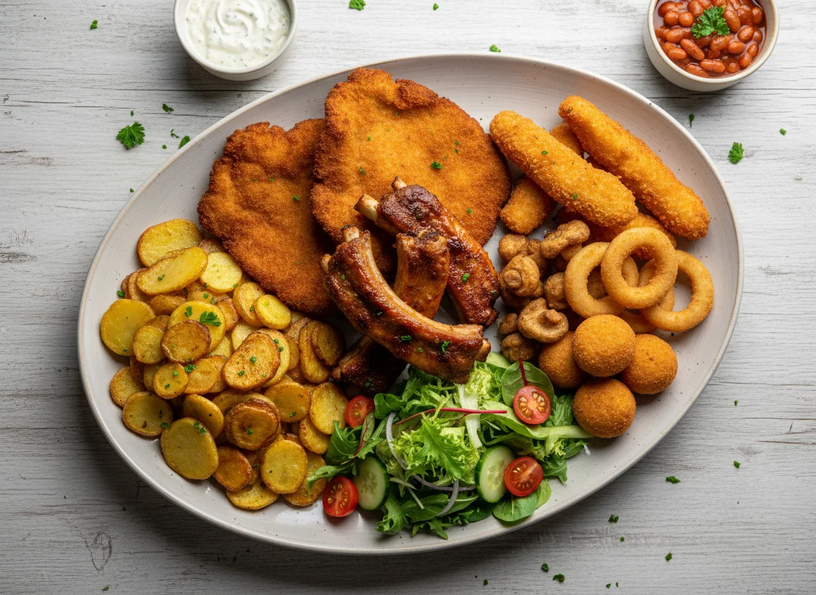 Gemischte Fleischplatte mit Beilagen photo