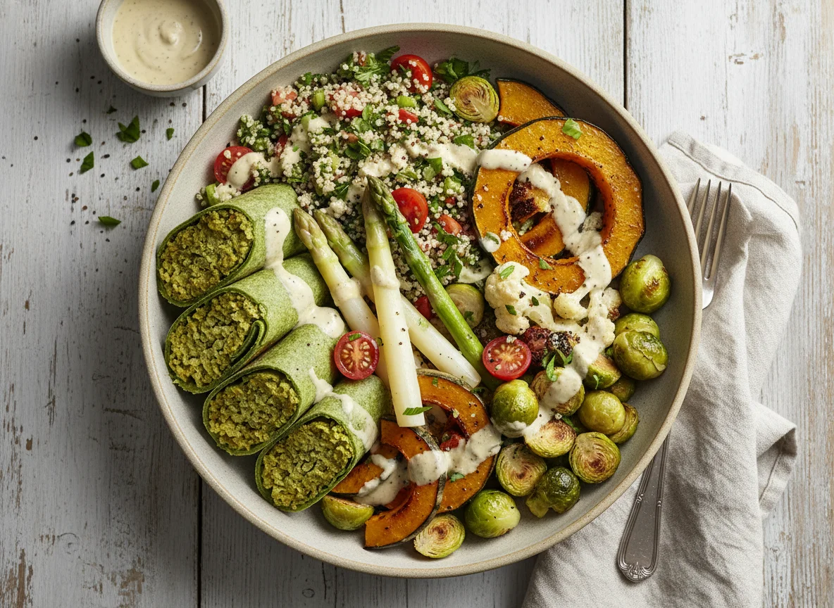 Gemischte Gemüse-Bowl mit Falafel-Wrap photo