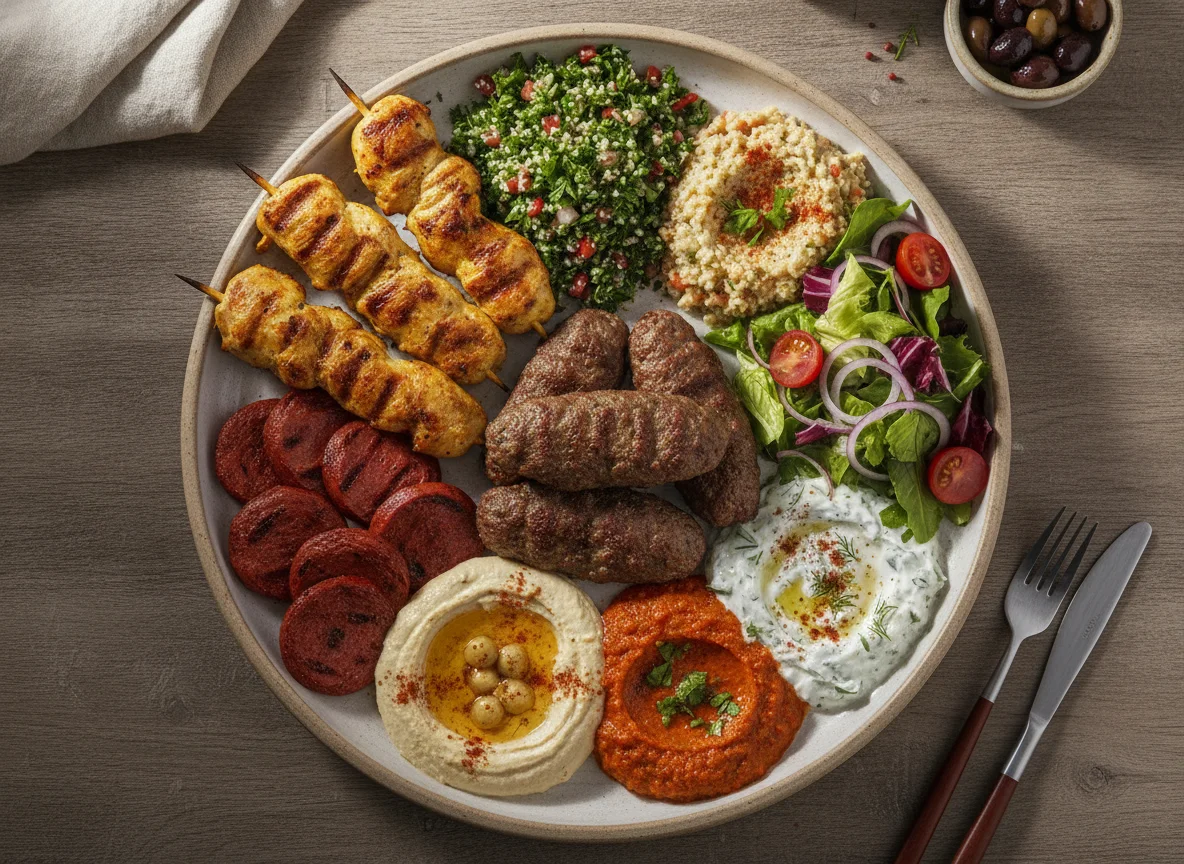 Gemischte Grillplatte mit Beilagen photo
