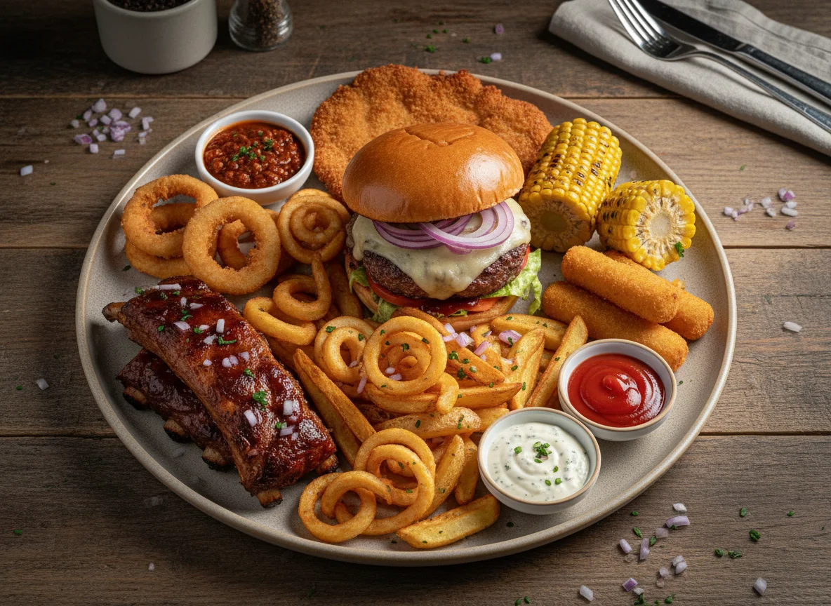 Gemischte Grillplatte mit Burger und Beilagen photo