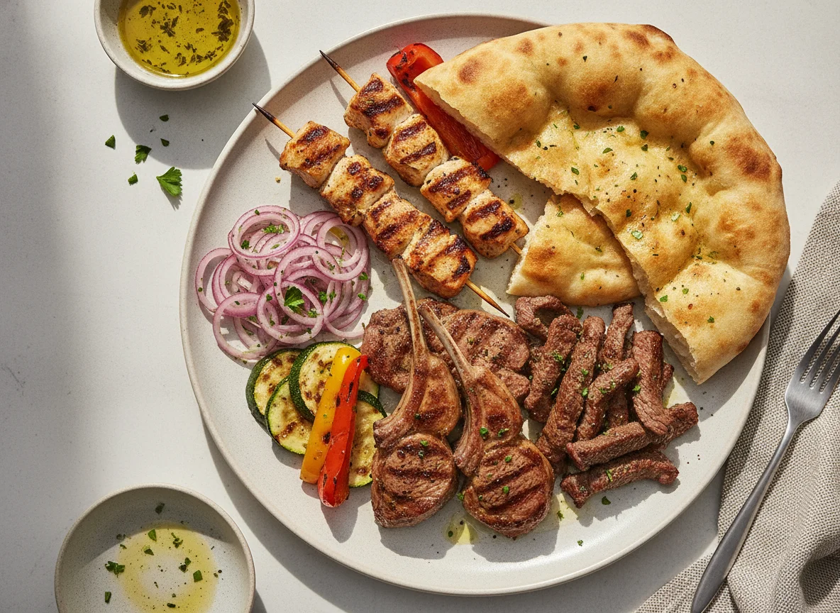 Gemischte Grillplatte mit Fladenbrot photo