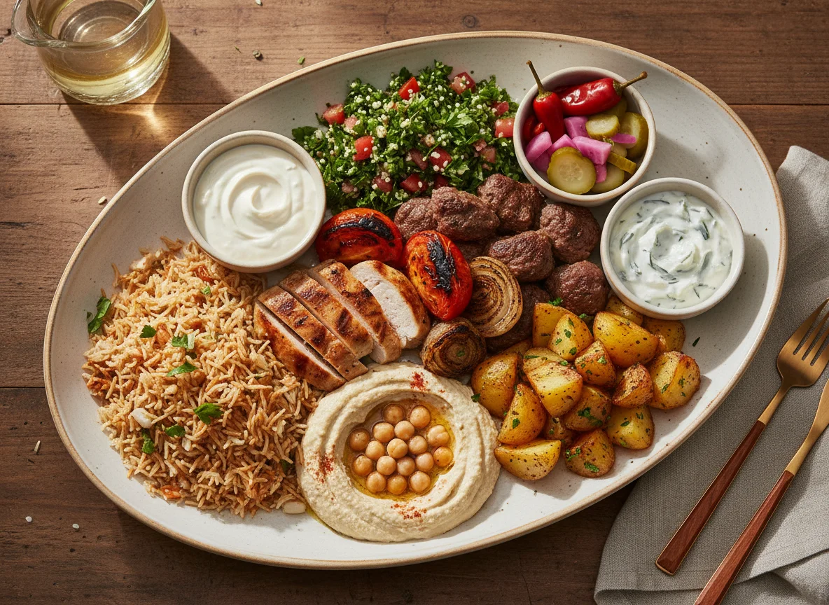 Gemischte Grillplatte mit Hummus und Beilagen photo