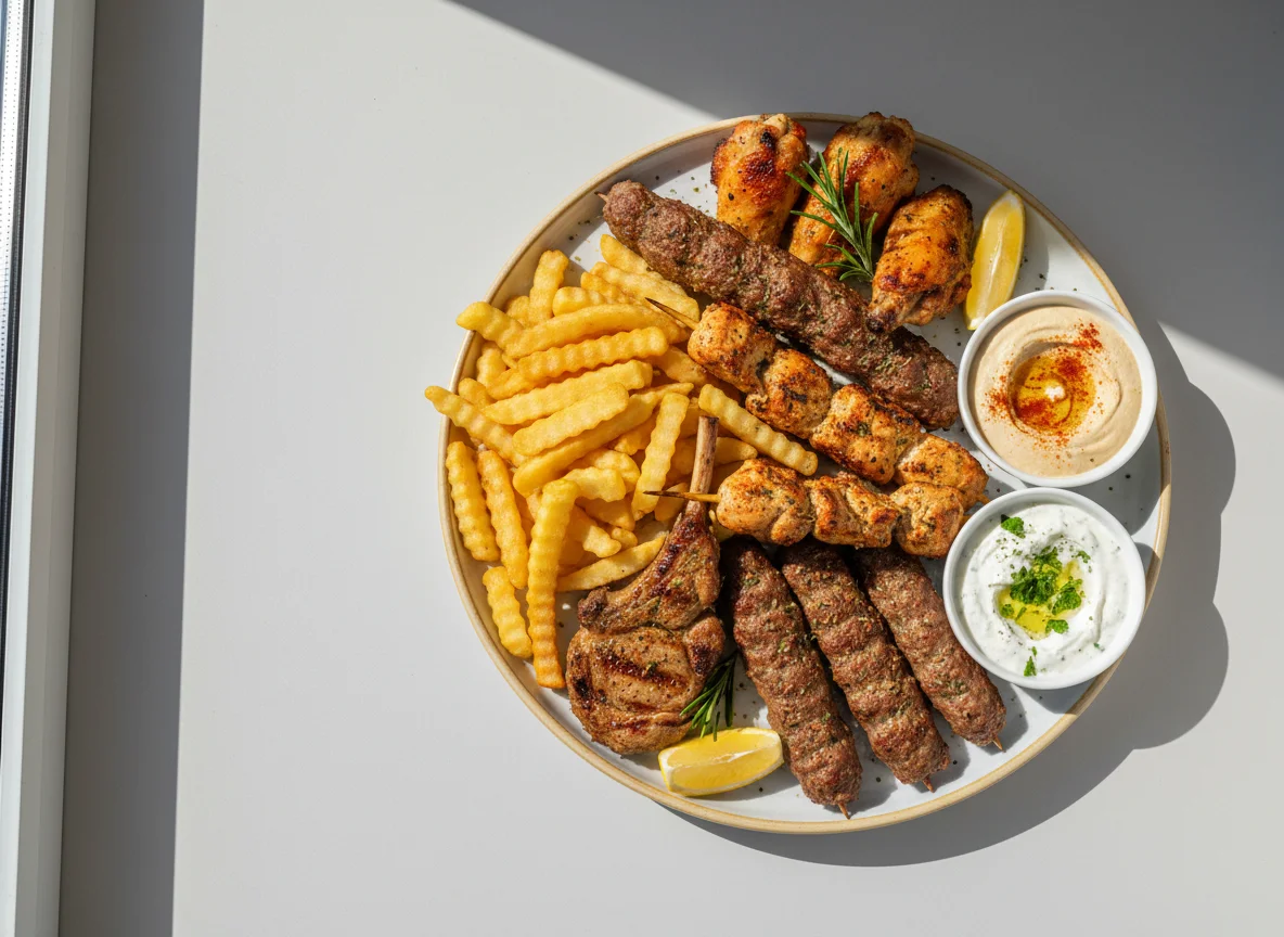 Gemischte Grillplatte mit Pommes und Dips photo
