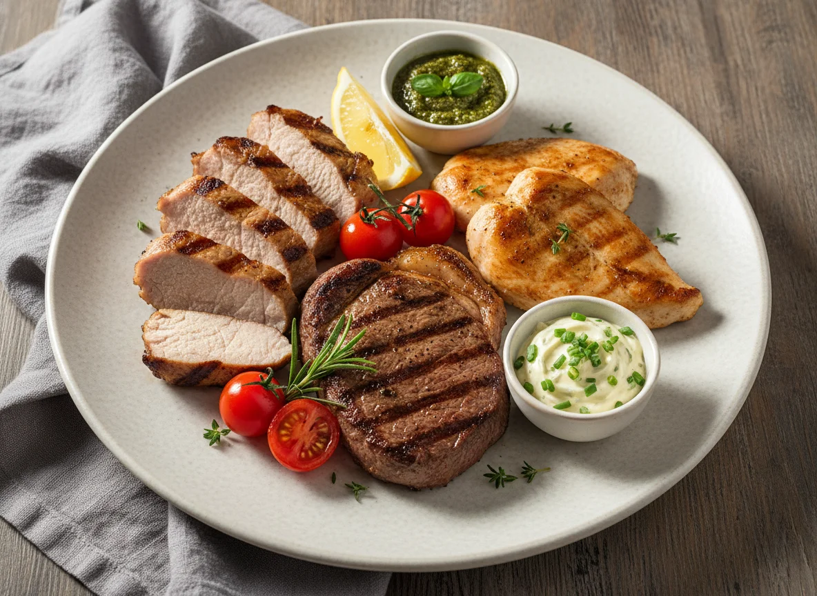 Gemischte Grillplatte mit Saucen photo