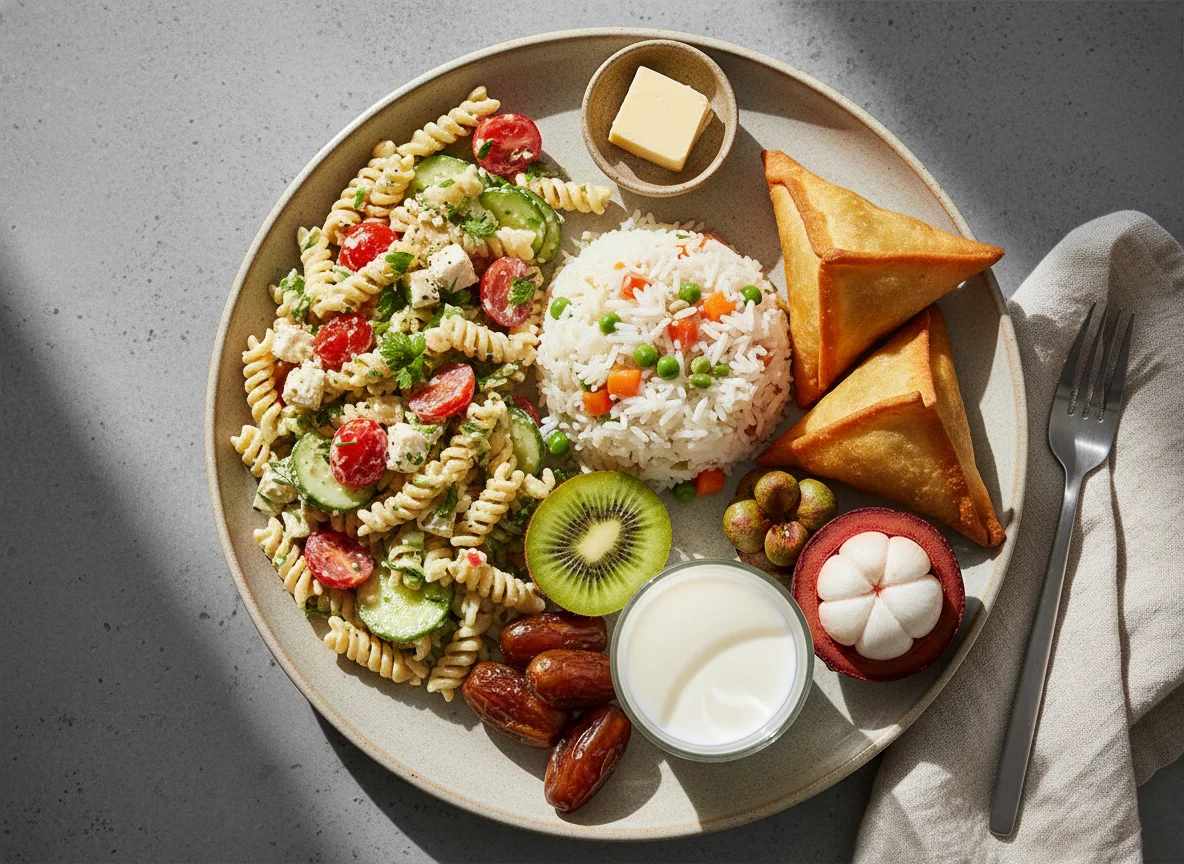 Gemischte Mahlzeit mit Pasta, Reis und Früchten photo