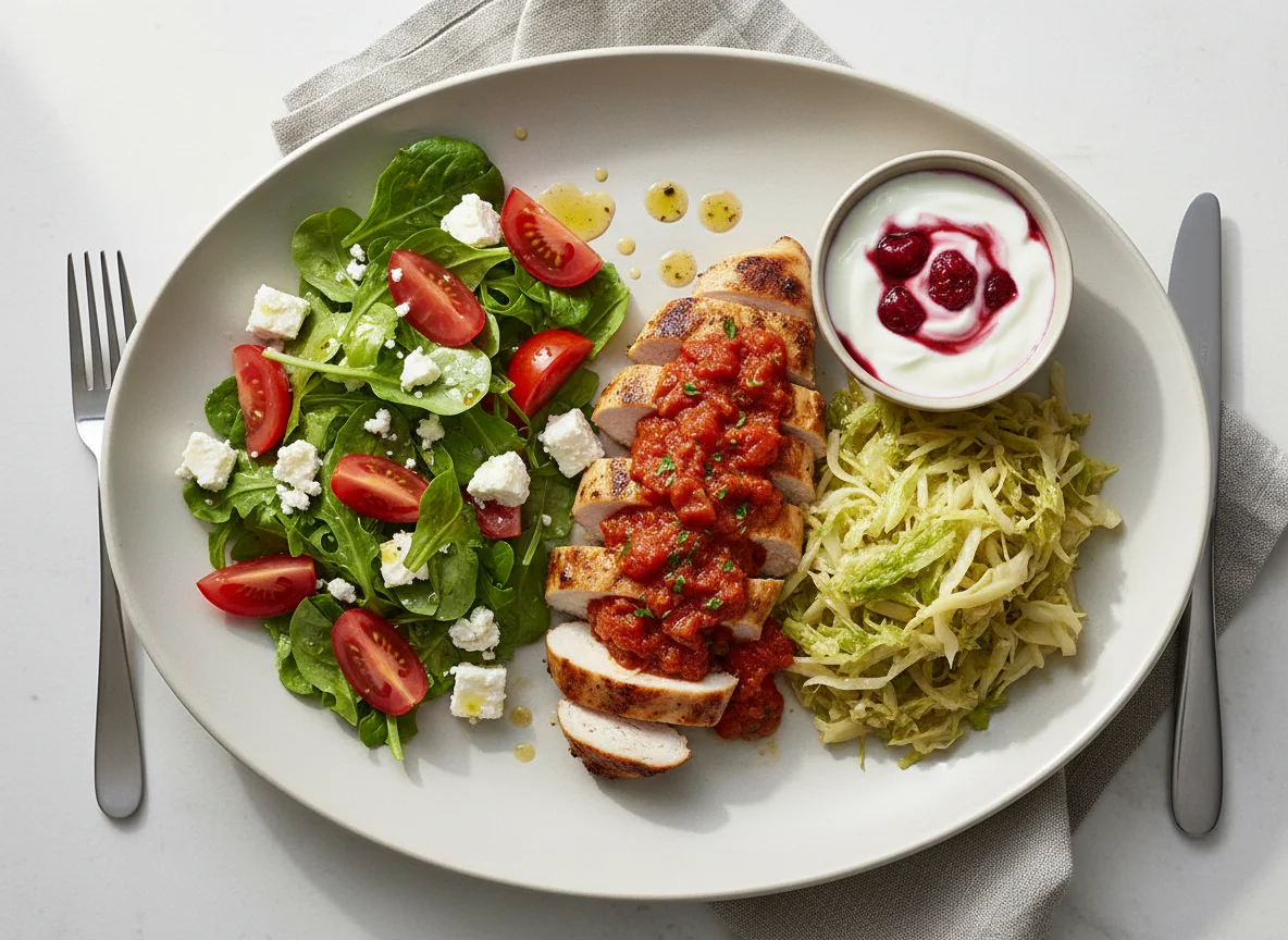 Gemischte Mahlzeit mit Salat und Hauptgericht photo