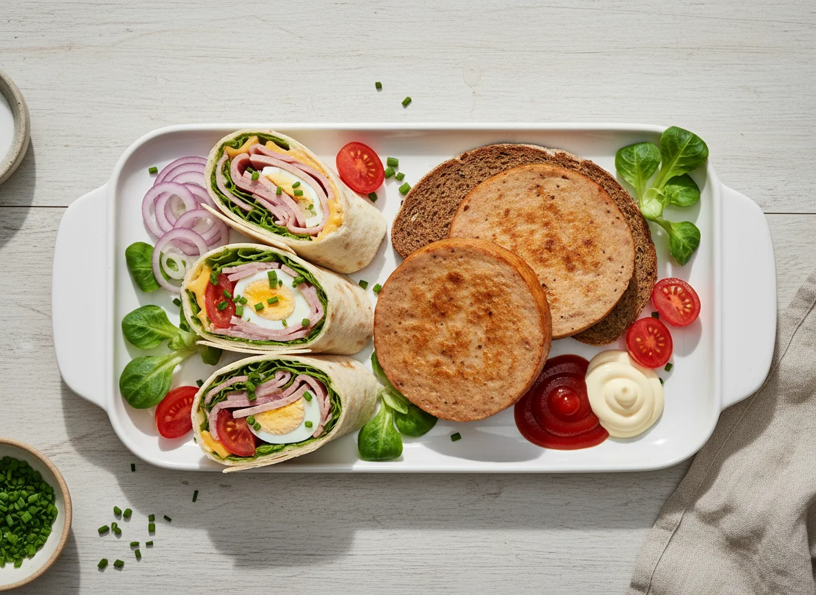 Gemischte Platte mit Wraps und Leberkäse-Brot photo