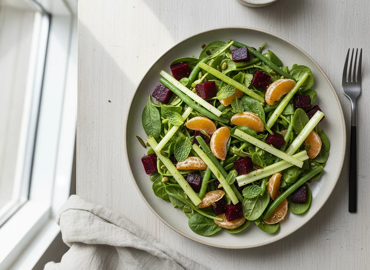 Gemischte Salatzutaten mit Obst und Gemüse photo
