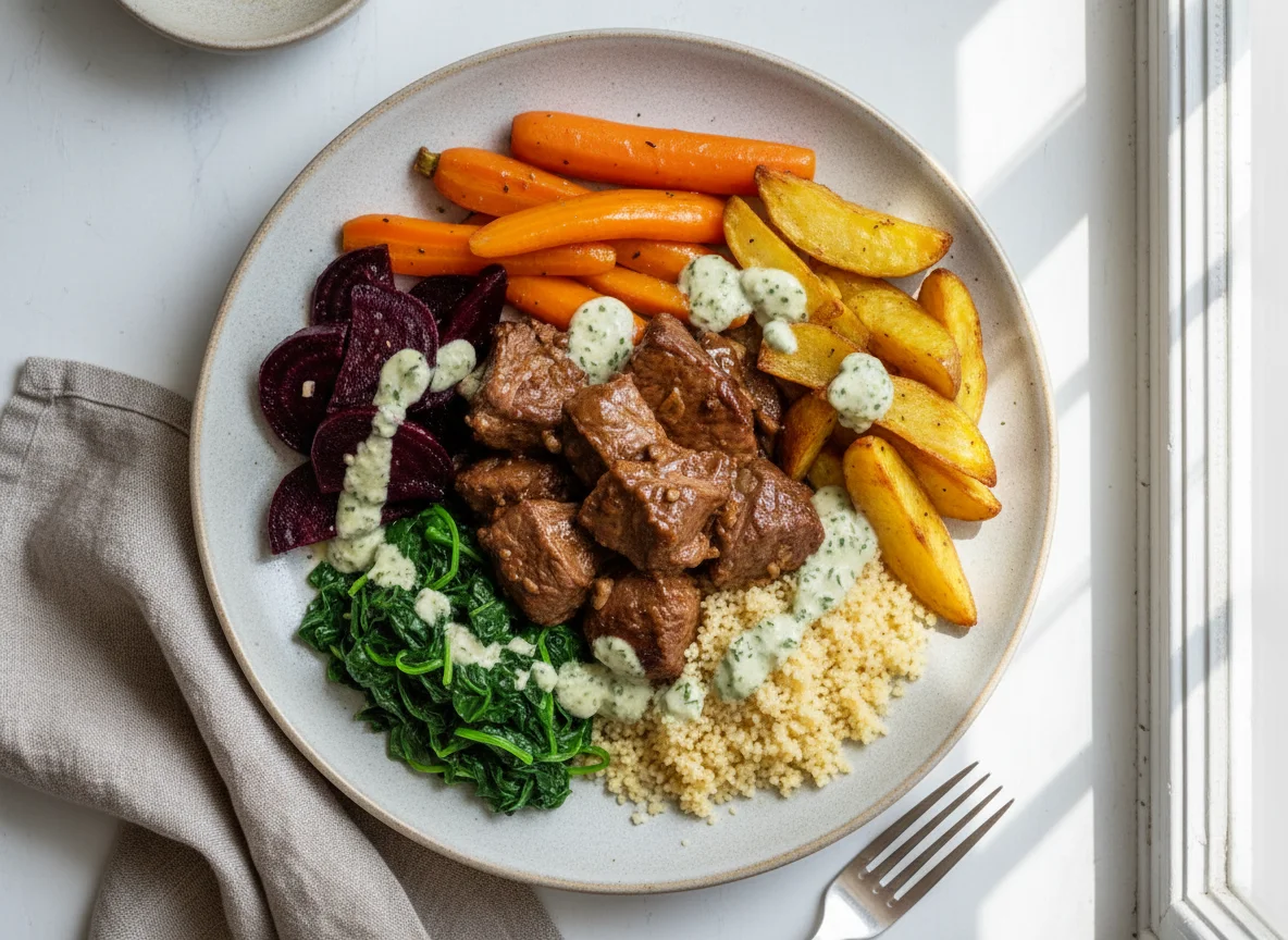 Gemischte Schale mit Fleisch und Gemüse photo