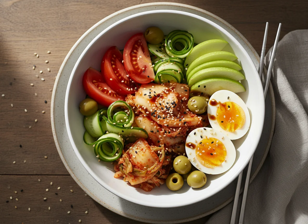 Gemischte Schüssel mit Ei und Kimchi photo