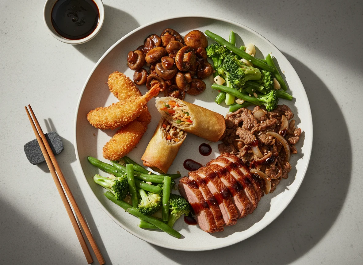 Gemischter asiatischer Teller mit Fleisch, Meeresfrüchten und Gemüse photo