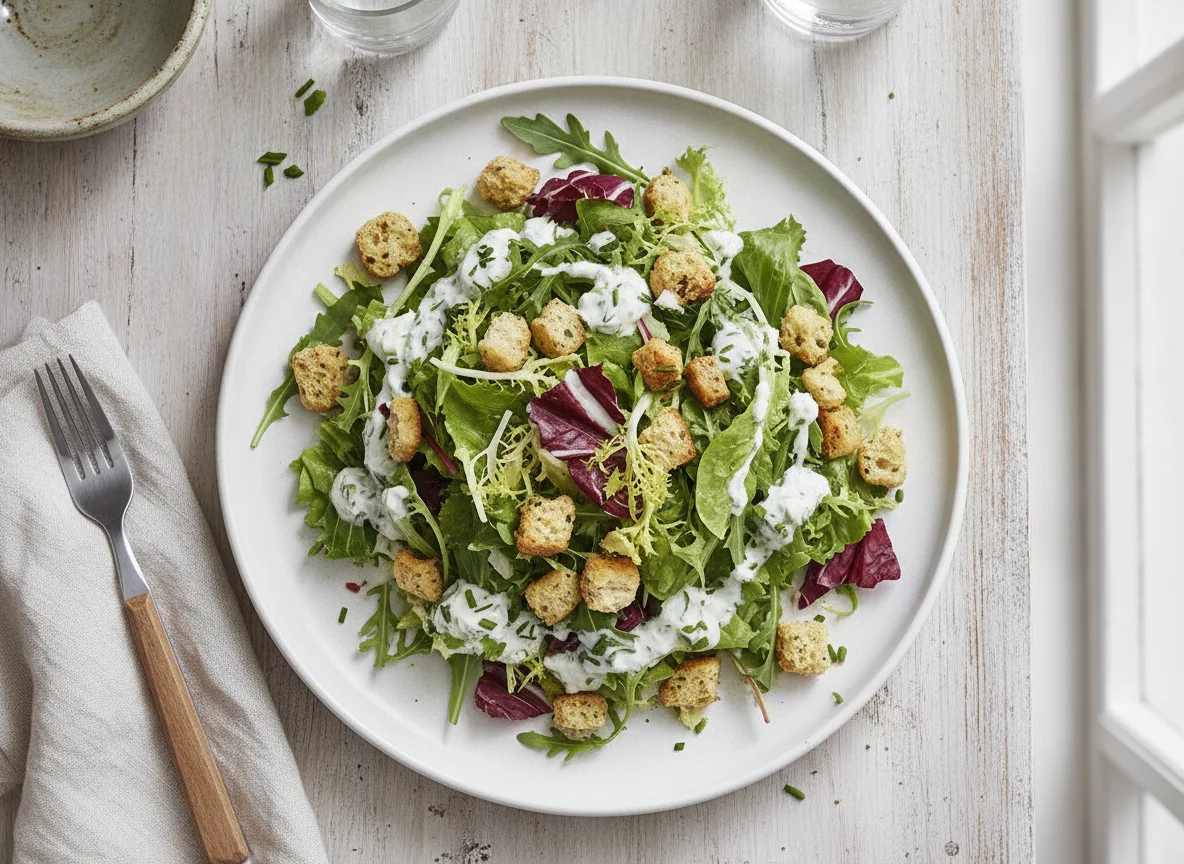 Gemischter Blattsalat mit Croutons und Joghurtdressing photo