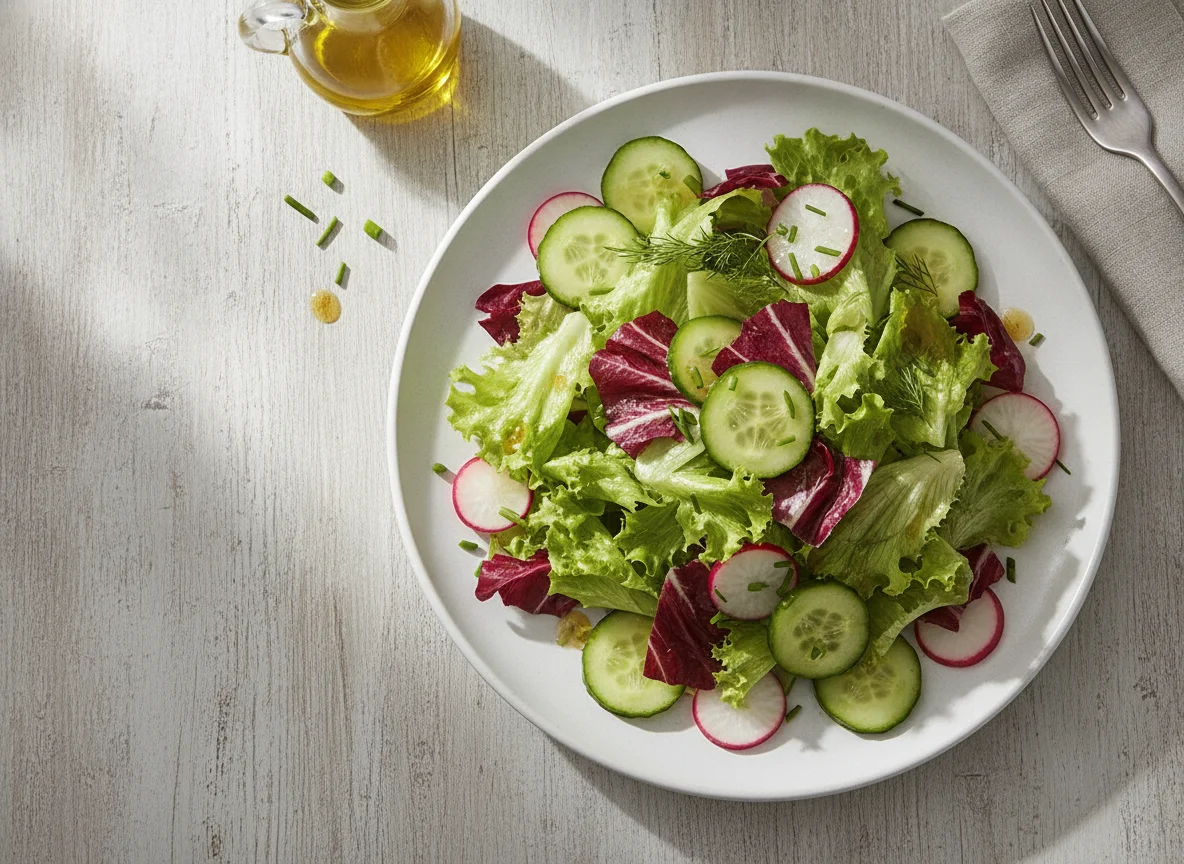 Gemischter Blattsalat mit Gurken und Radieschen photo