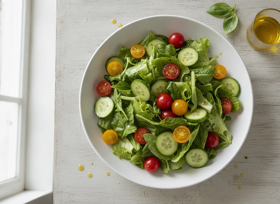 Gemischter Blattsalat mit Gurken und Tomaten photo