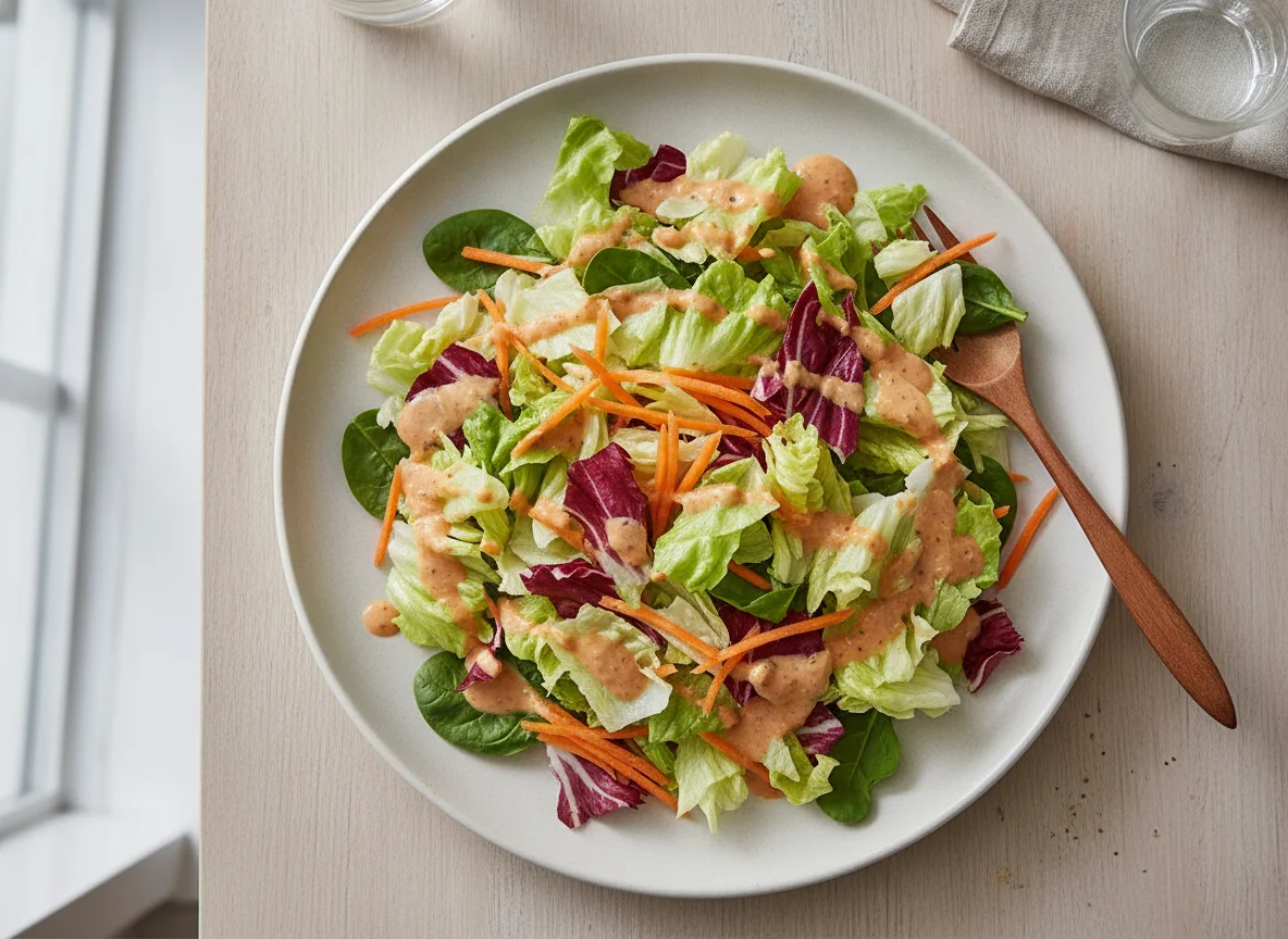 Gemischter Blattsalat mit Karotten und French Dressing photo